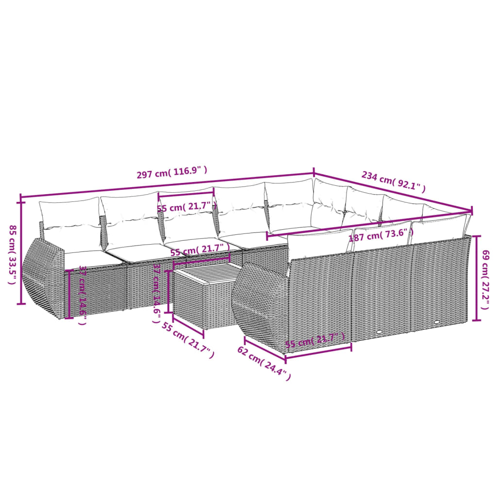 vidaXL Set Divani da Giardino 11 pz con Cuscini in Polyrattan Nero