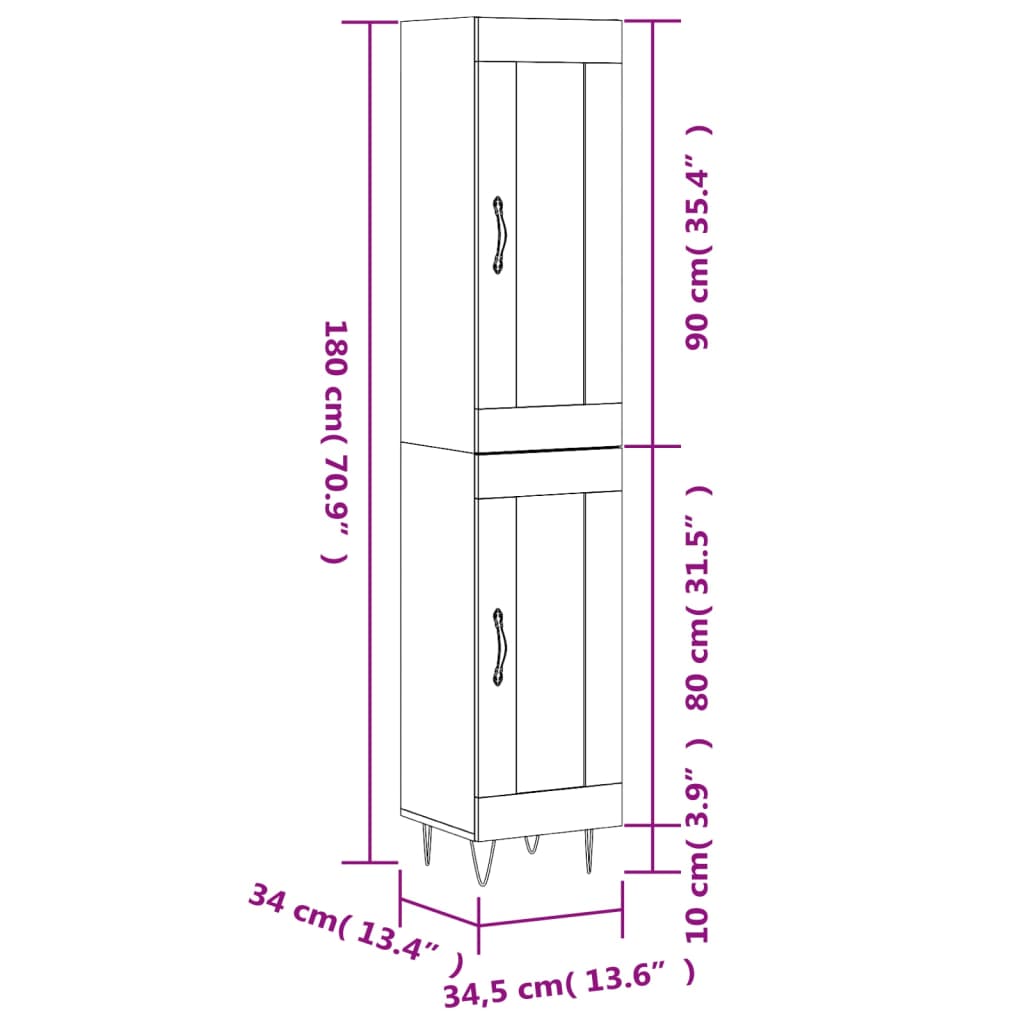 vidaXL Credenza 34,5x34x180 cm in Legno Multistrato Bianco Lucido