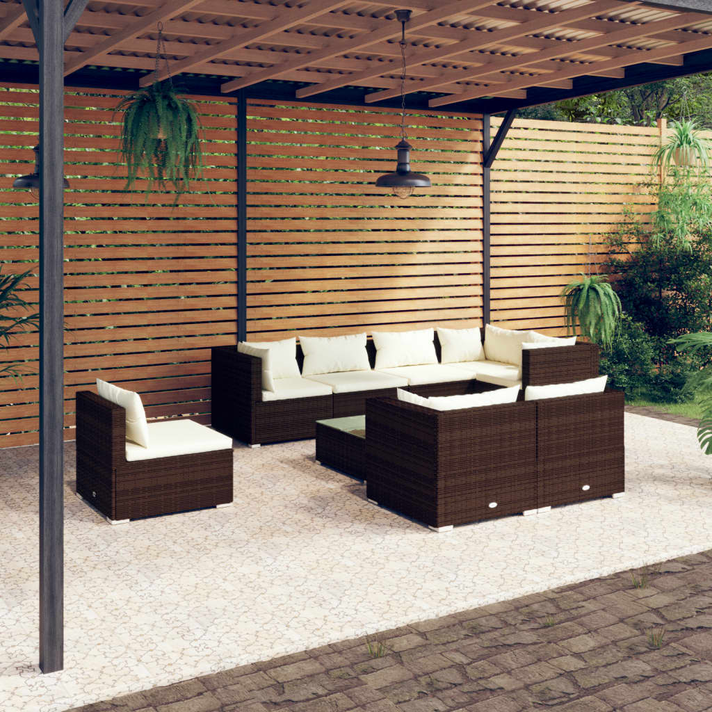 vidaXL Set Divani da Giardino 9 pz con Cuscini in Polyrattan Marrone