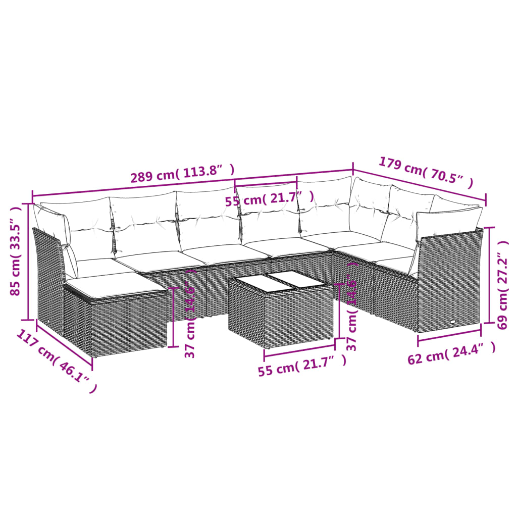 vidaXL Set Divano da Giardino 9 pz con Cuscini Beige in Polyrattan