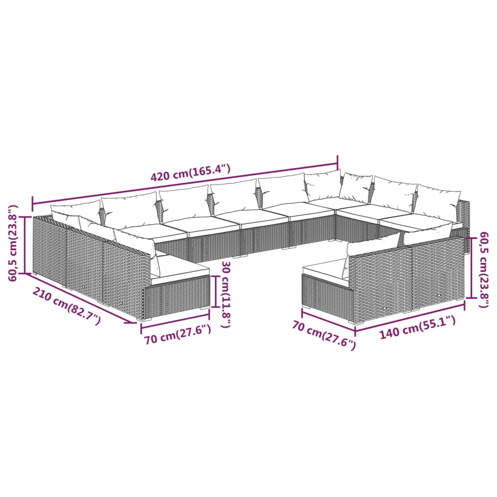 vidaXL Set Divani da Giardino 12 pz con Cuscini in Polyrattan Grigio