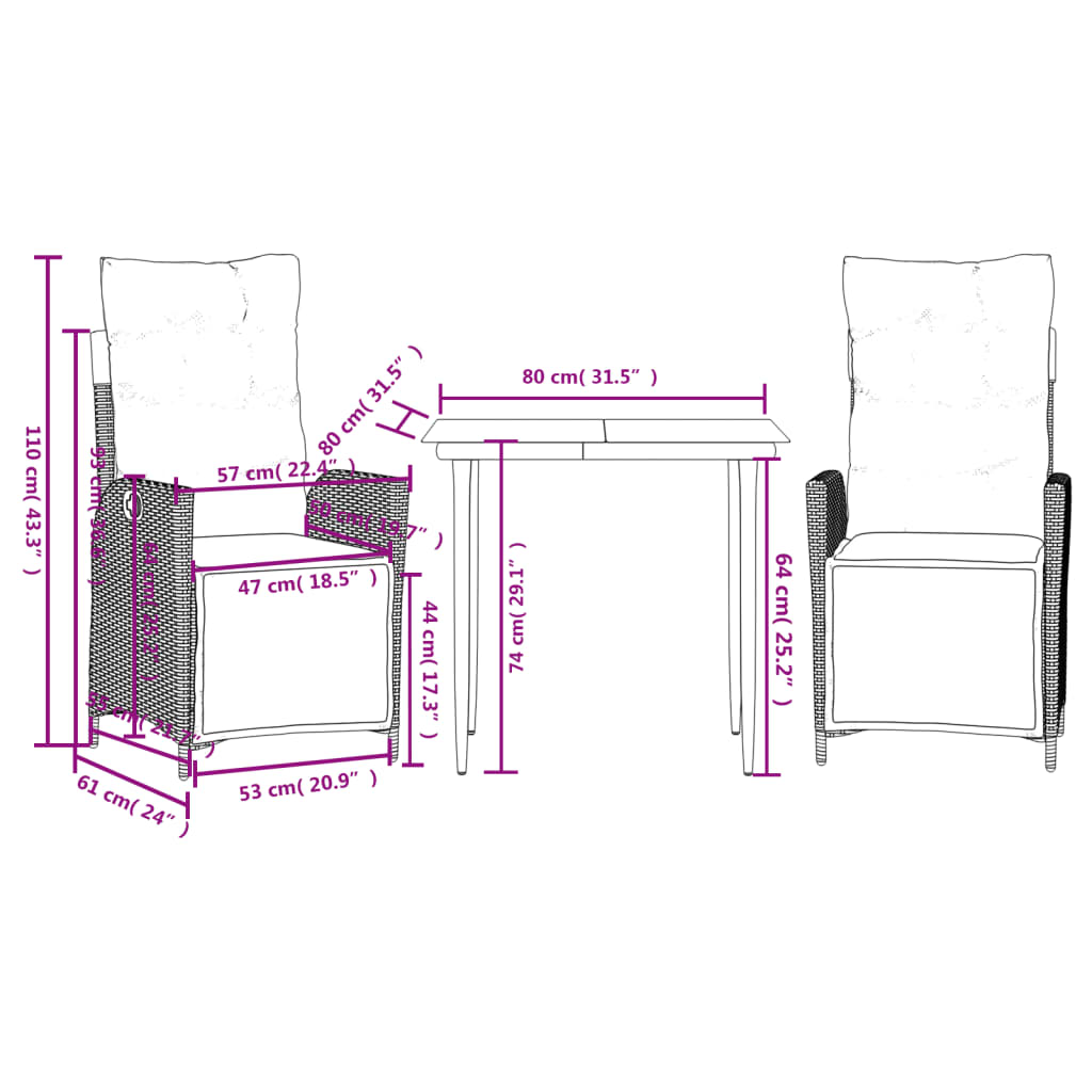 vidaXL Set da Pranzo da Giardino 3pz con Cuscini in Polyrattan Marrone