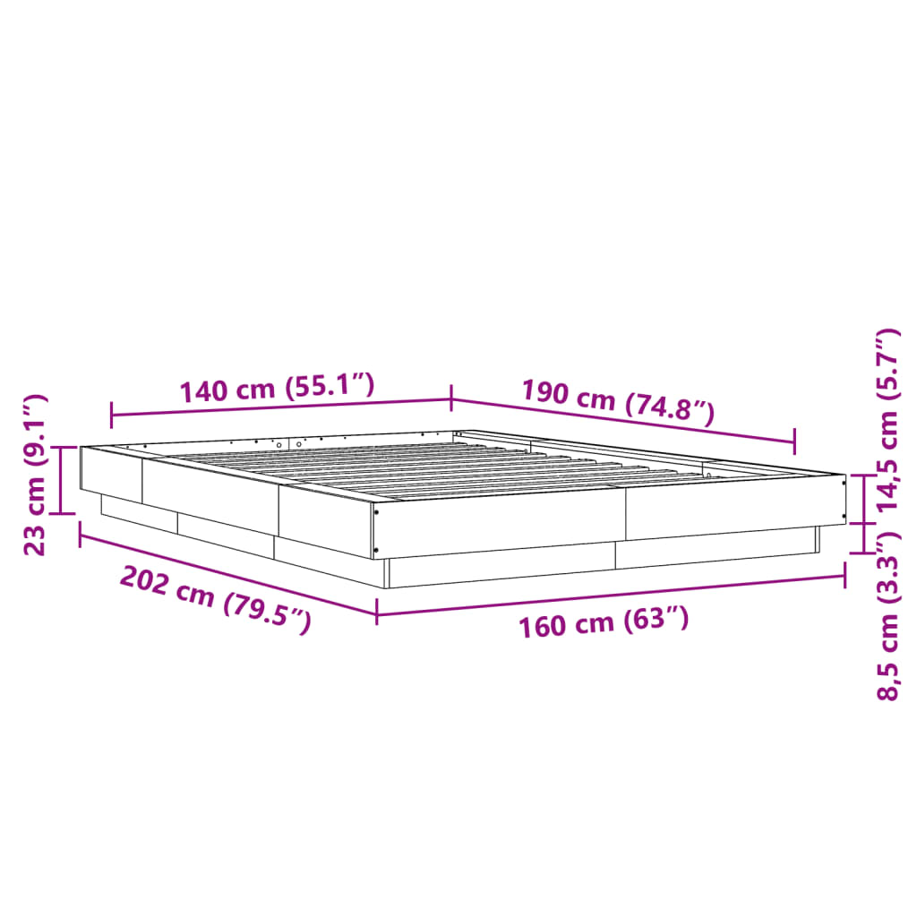 vidaXL Giroletto Luci LED Grigio Sonoma 140x190 cm Legno Multistrato