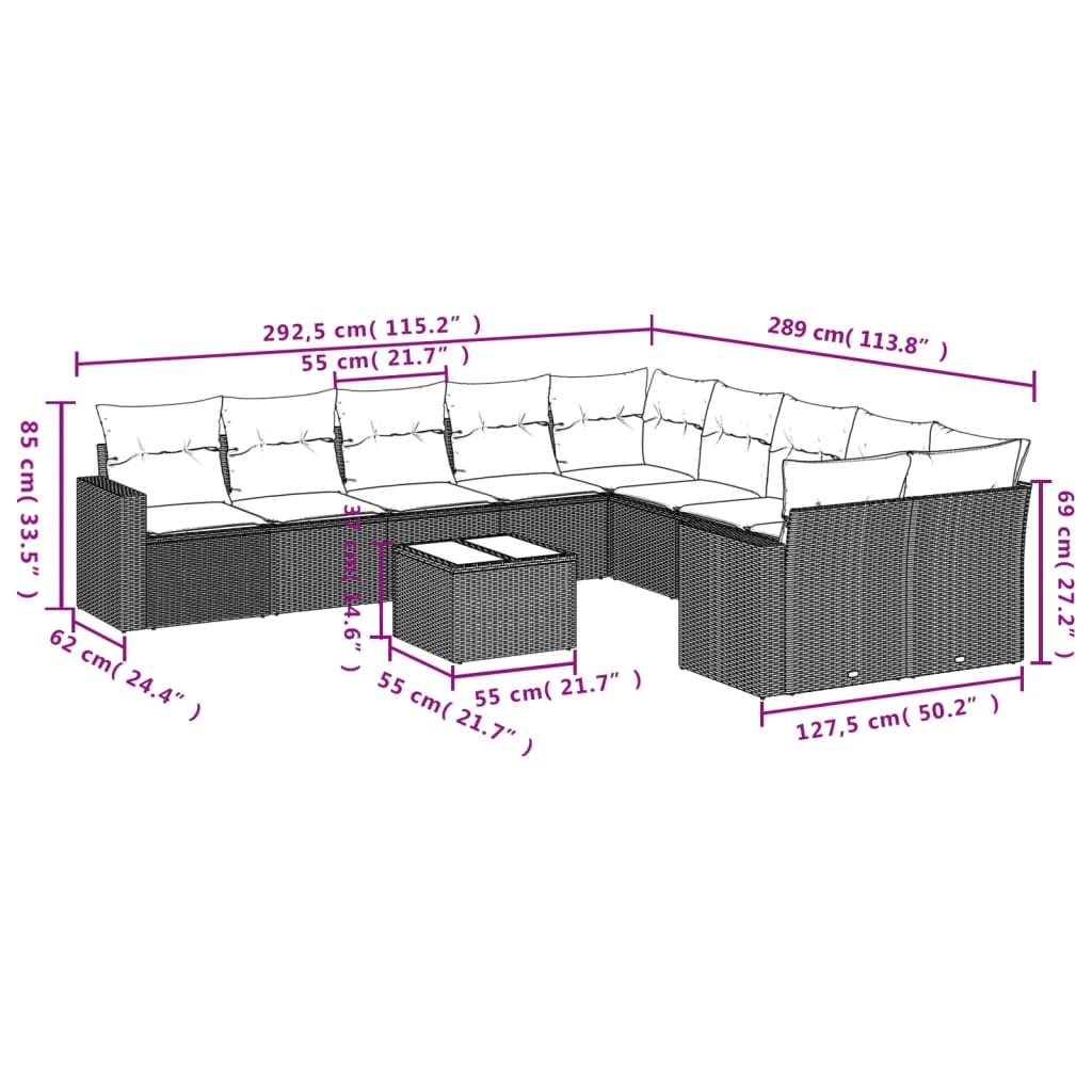 vidaXL Set Divani da Giardino 11 pz con Cuscini in Polyrattan Grigio