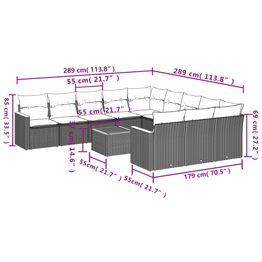 vidaXL Set Divani da Giardino 12 pz con Cuscini Grigio in Polyrattan