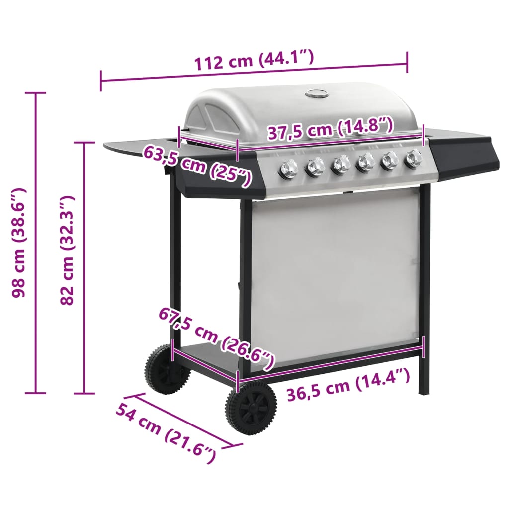 vidaXL Barbecue Griglia a Gas 6 Fornelli Acciaio Inossidabile Argento