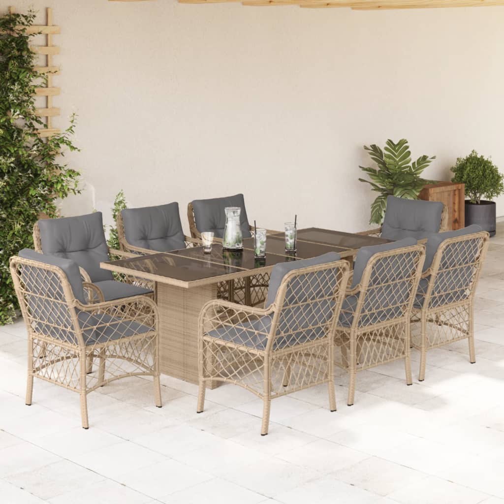 vidaXL Set Pranzo da Giardino 9 pz con Cuscini Beige Misto Polyrattan