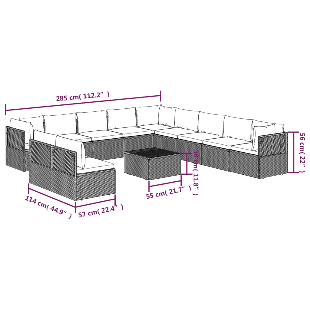 vidaXL Set Divani da Giardino 12 pz con Cuscini in Polyrattan Grigio