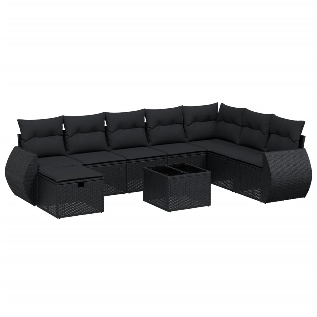 vidaXL Set Divani da Giardino 9 pz con Cuscini Nero in Polyrattan