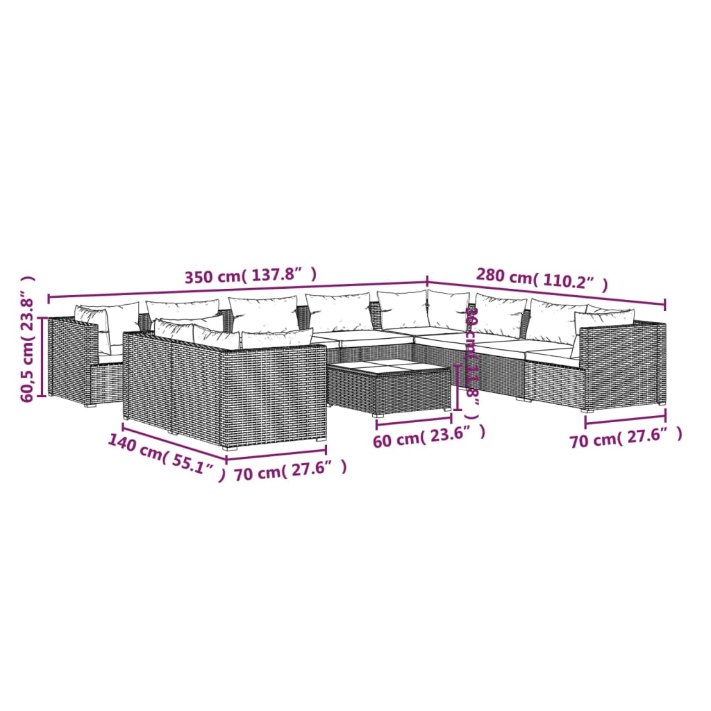 vidaXL Set Divani da Giardino 11 pz con Cuscini in Polyrattan Marrone