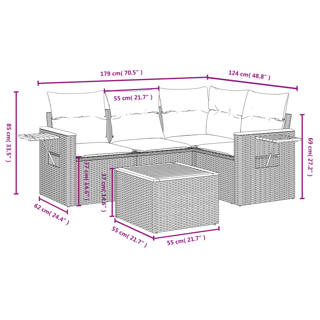 vidaXL Set Divano da Giardino 5 pz con Cuscini Grigio in Polyrattan