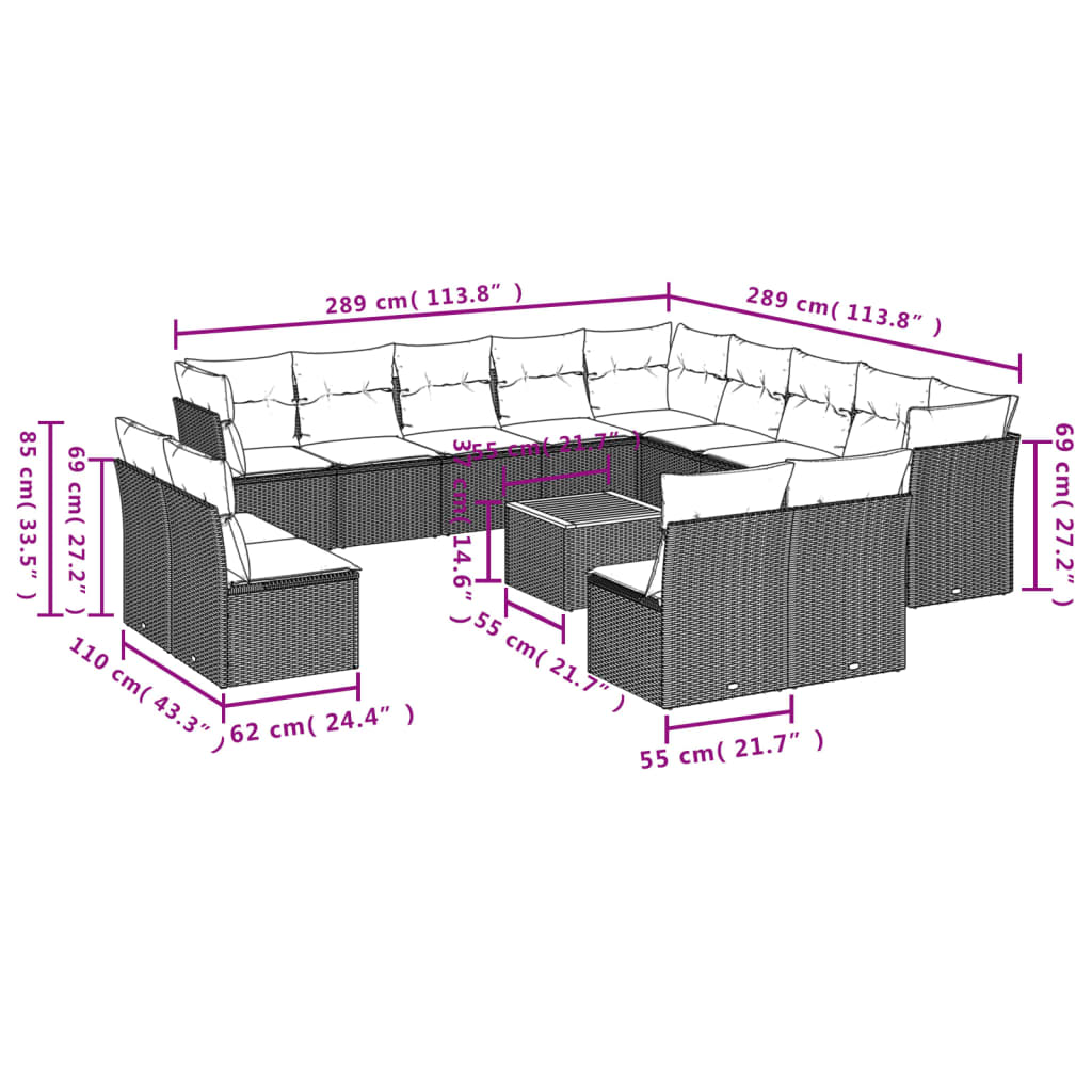 vidaXL Set Divani da Giardino 14pz con Cuscini in Polyrattan Grigio