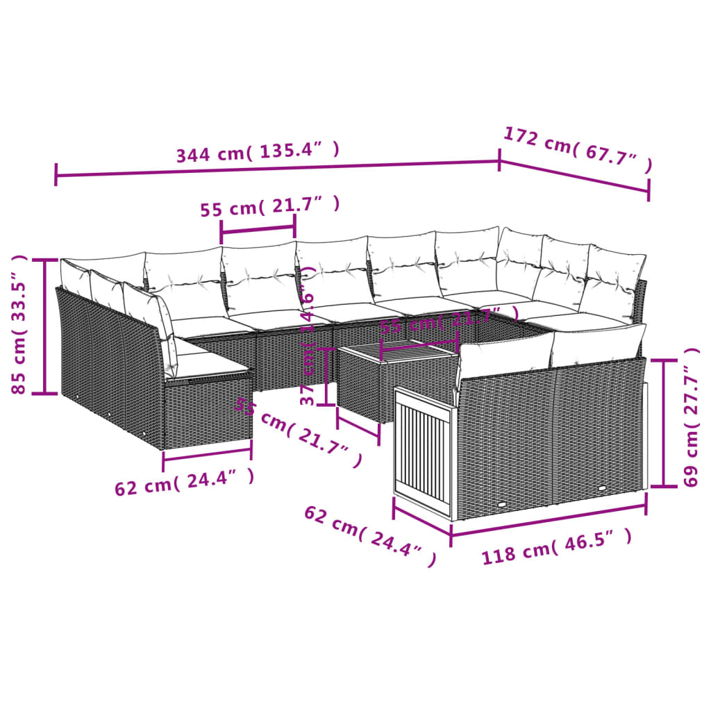 vidaXL Set Divani da Giardino 13pz con Cuscini Nero in Polyrattan