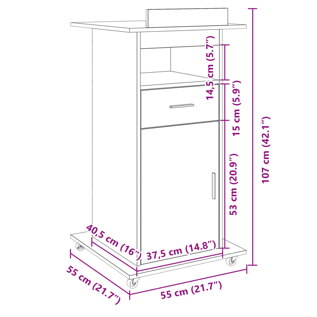 vidaXL Leggio con Ruote e Cassetto Rovere Fumo 55x55x107cm Multistrato