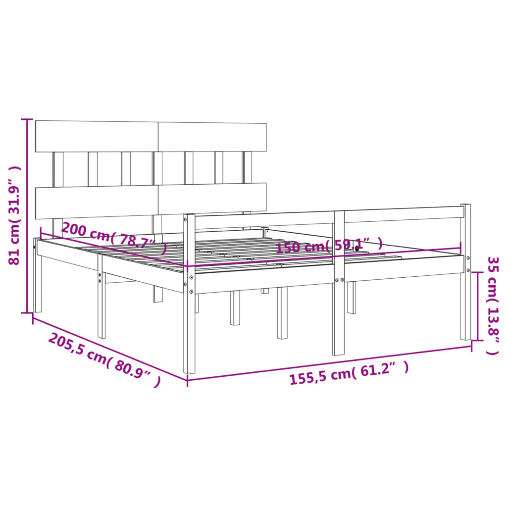 vidaXL Letto per Anziani con Testiera Grigio King in Legno Massello