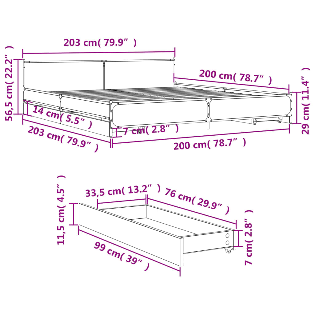 vidaXL Giroletto Cassetti Rovere Sonoma 200x200 cm Legno Multistrato