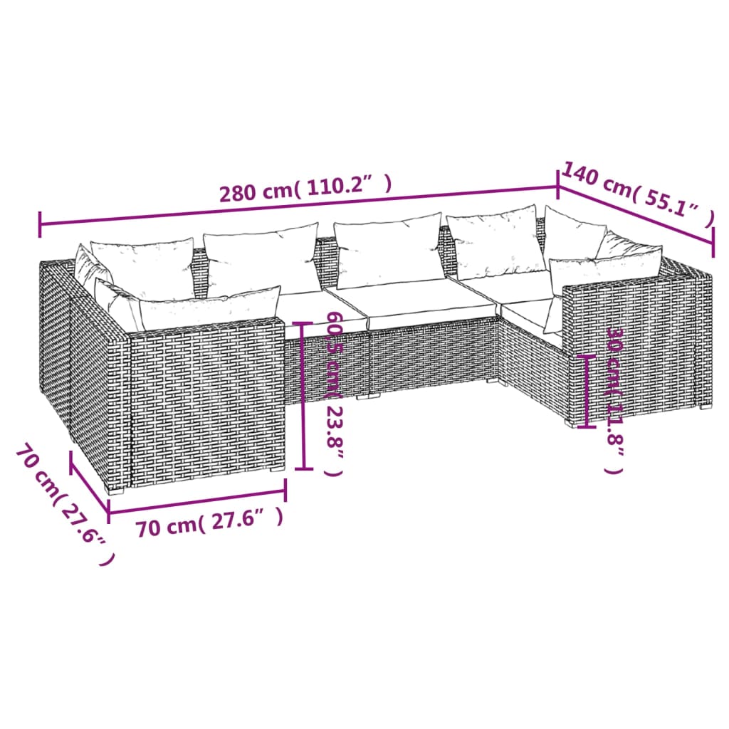 vidaXL Set Divani da Giardino 6 pz con Cuscini in Polyrattan Grigio