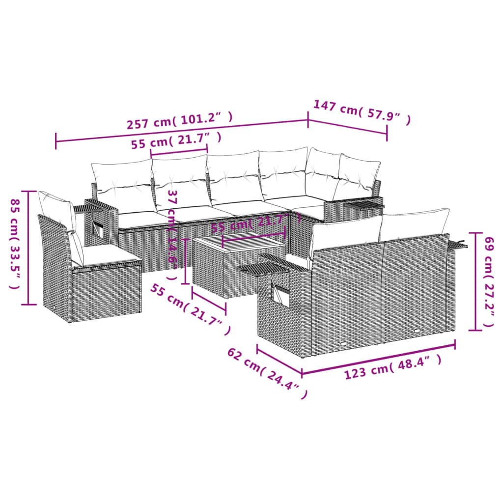 vidaXL Set Divano da Giardino 9 pz con Cuscini Grigio in Polyrattan