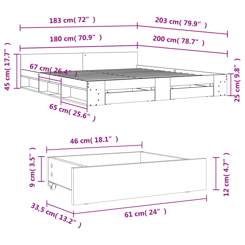 vidaXL Giroletto Cassetti Grigio Sonoma 180x200 cm Legno Multistrato