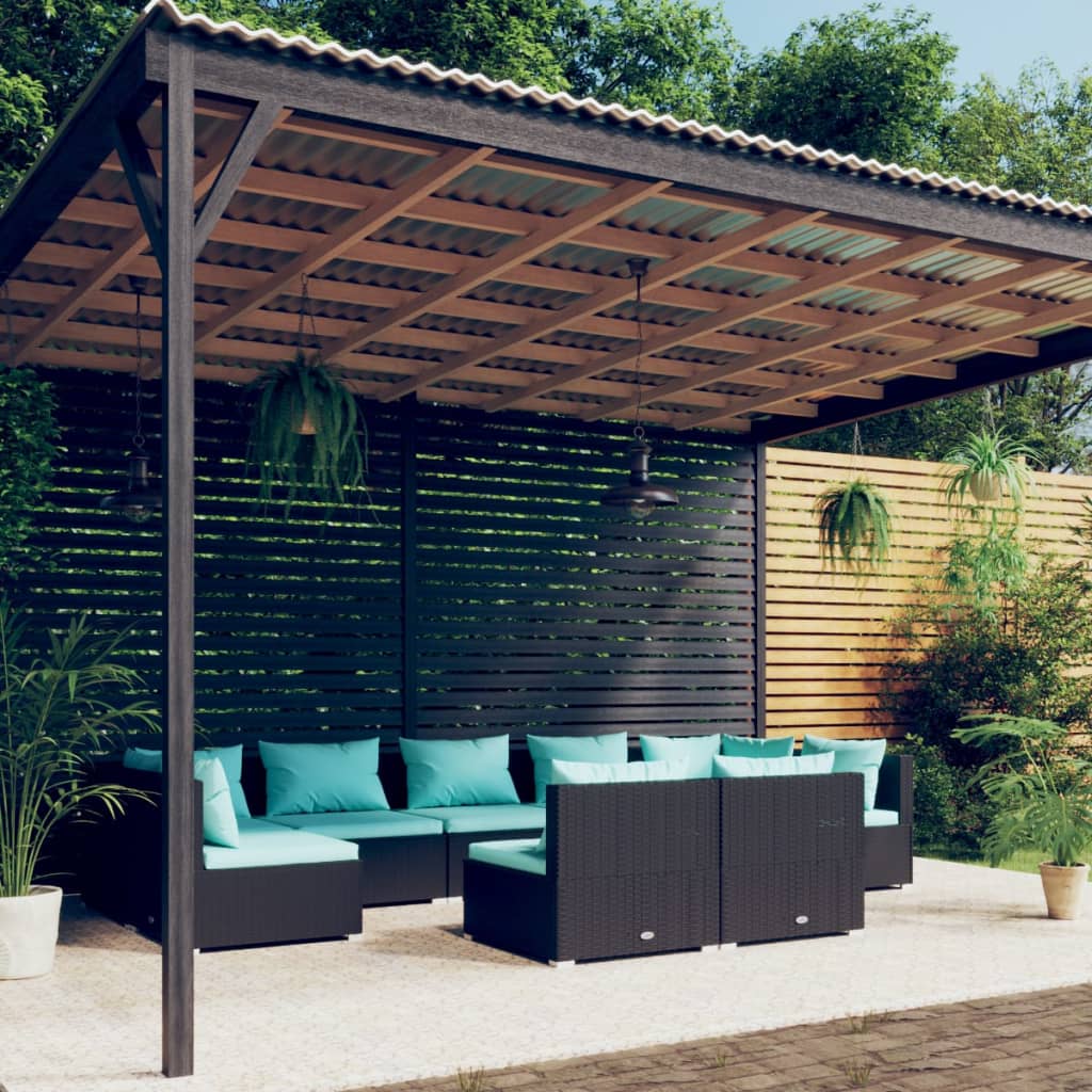 vidaXL Set Divani da Giardino 9 pz con Cuscini in Polyrattan Nero