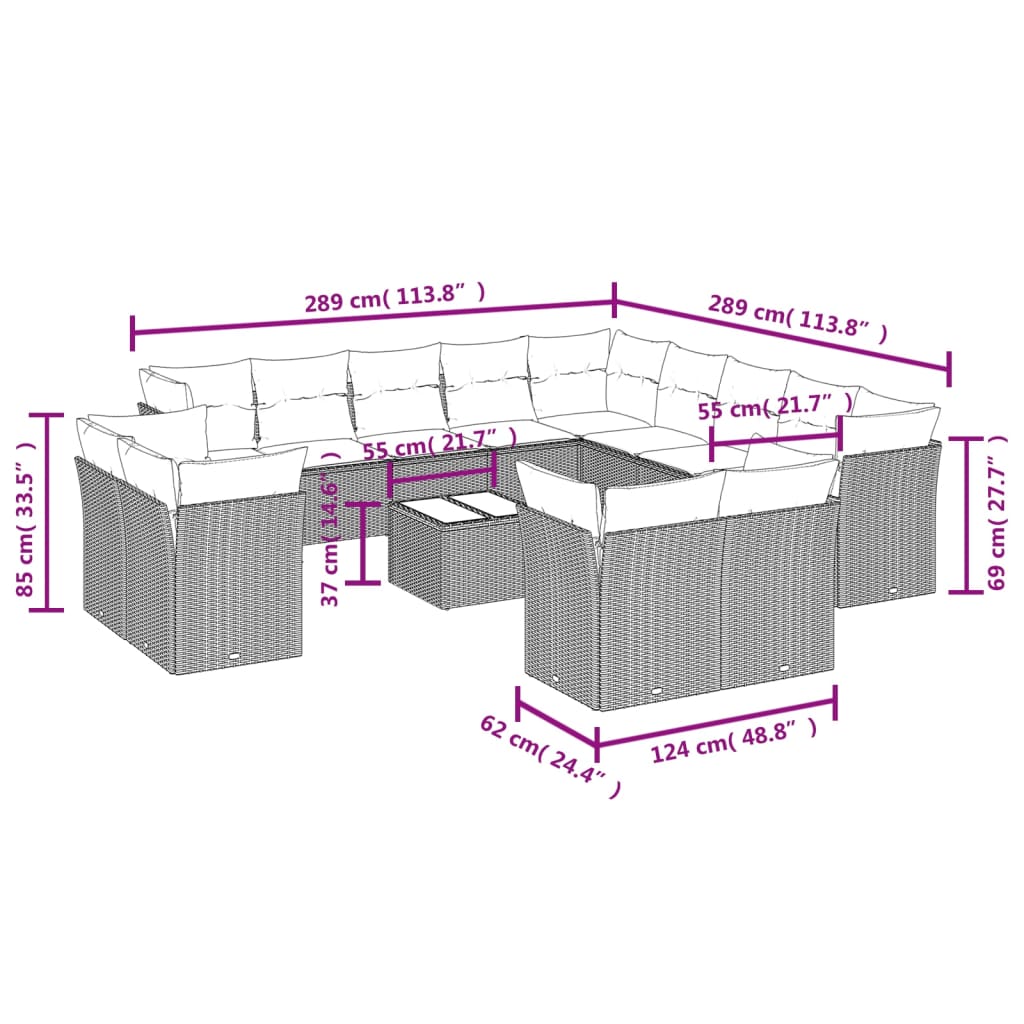 vidaXL Set Divani da Giardino 14pz con Cuscini in Polyrattan Nero