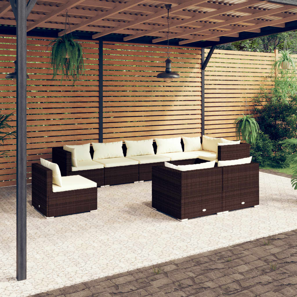 vidaXL Set Divani da Giardino 9 pz con Cuscini in Polyrattan Marrone