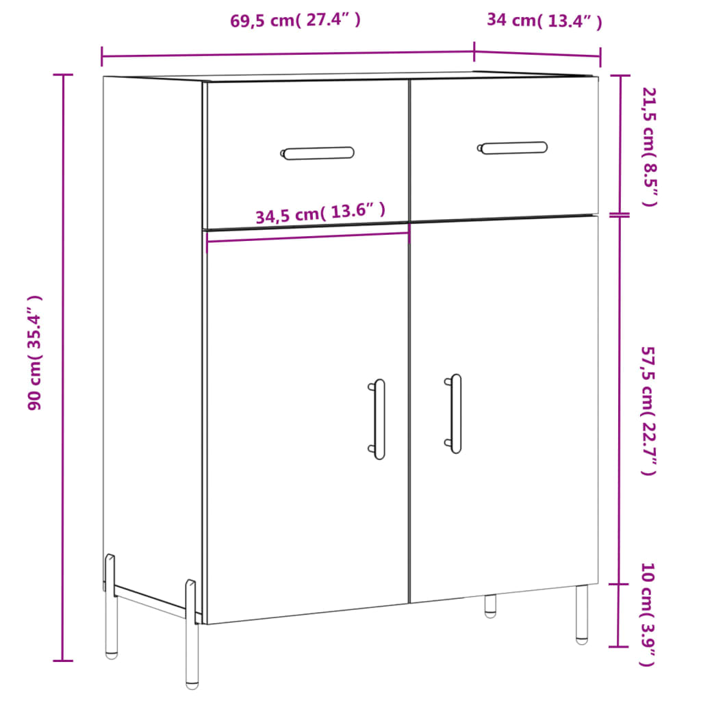 vidaXL Credenza 69,5x34x90 cm in Legno Multistrato Bianco Lucido