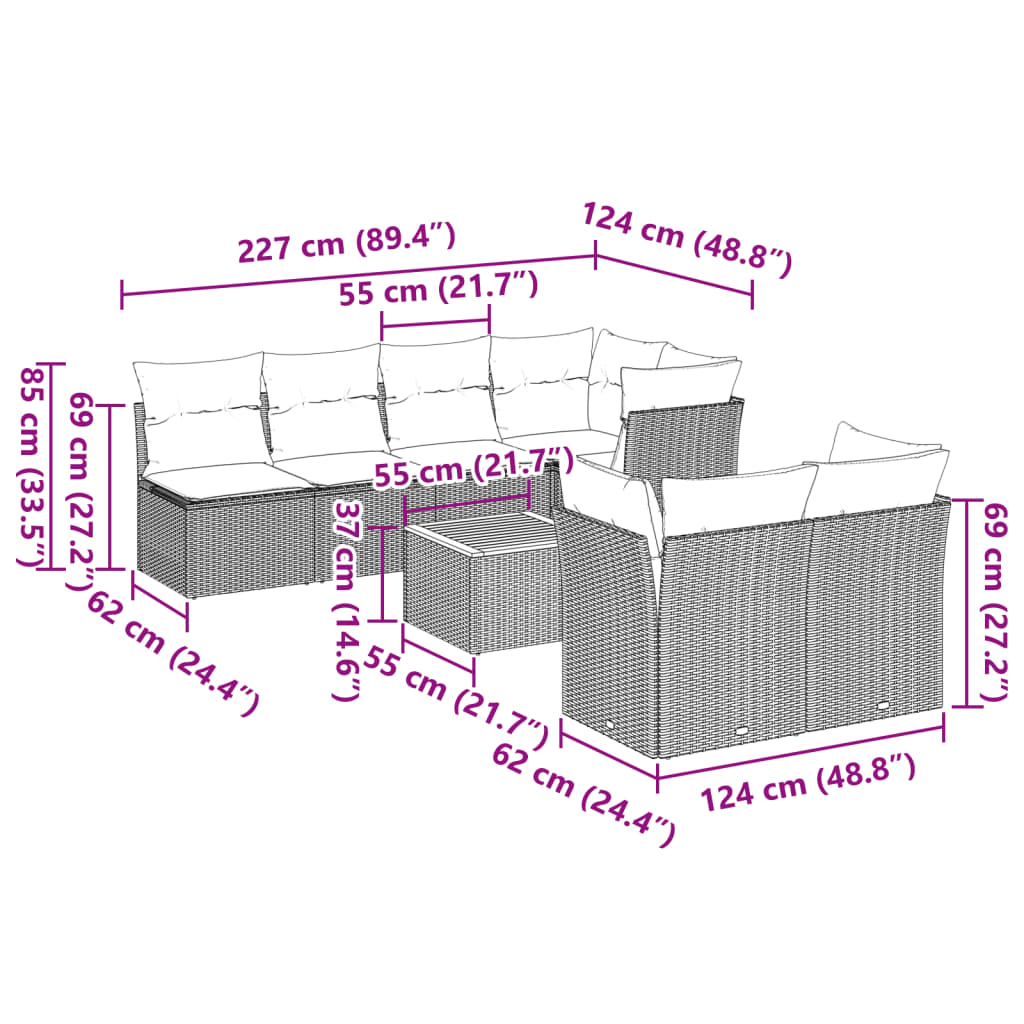 vidaXL Set Divano da Giardino 8 pz con Cuscini Grigio in Polyrattan