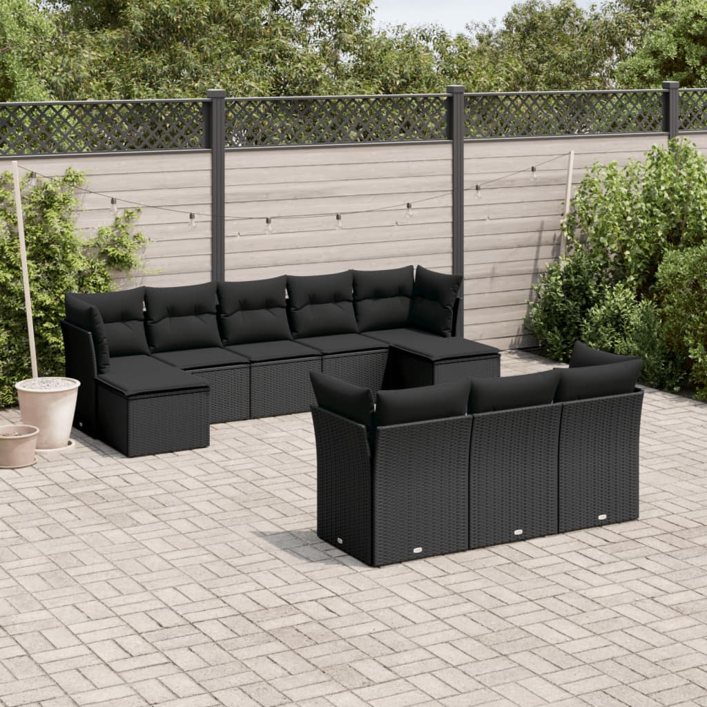 vidaXL Set Divani da Giardino 10pz con Cuscini in Polyrattan Nero