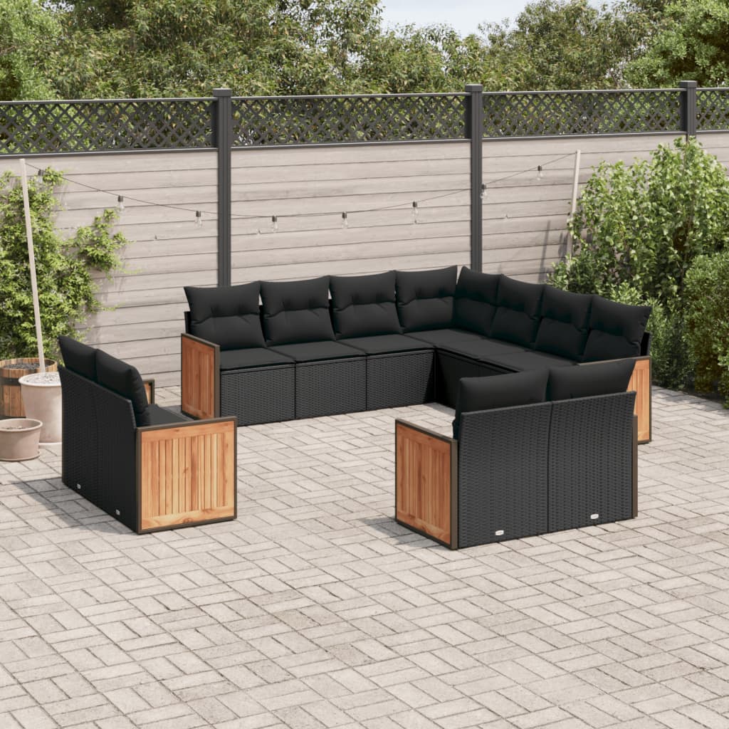 vidaXL Set Divani da Giardino 11 pz con Cuscini in Polyrattan Nero