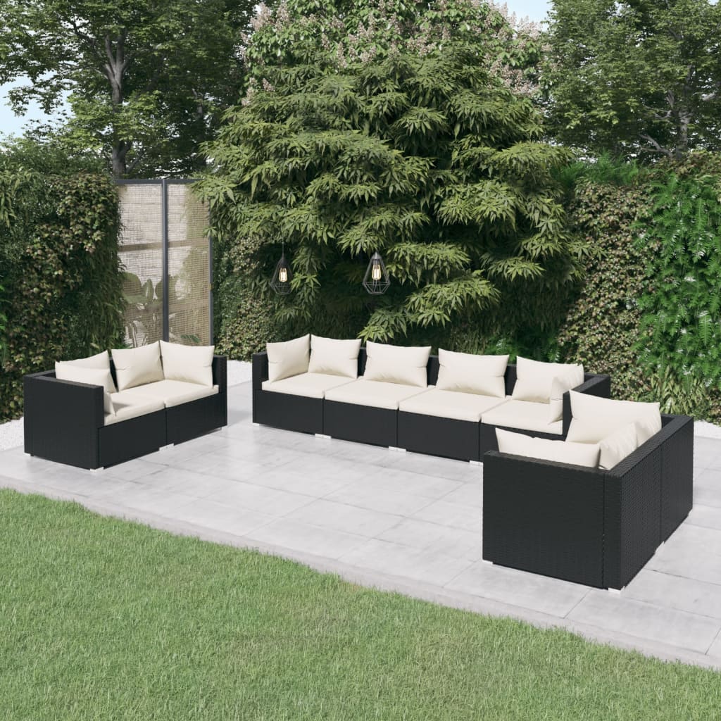 vidaXL Set Divani da Giardino 8 pz con Cuscini in Polyrattan Nero