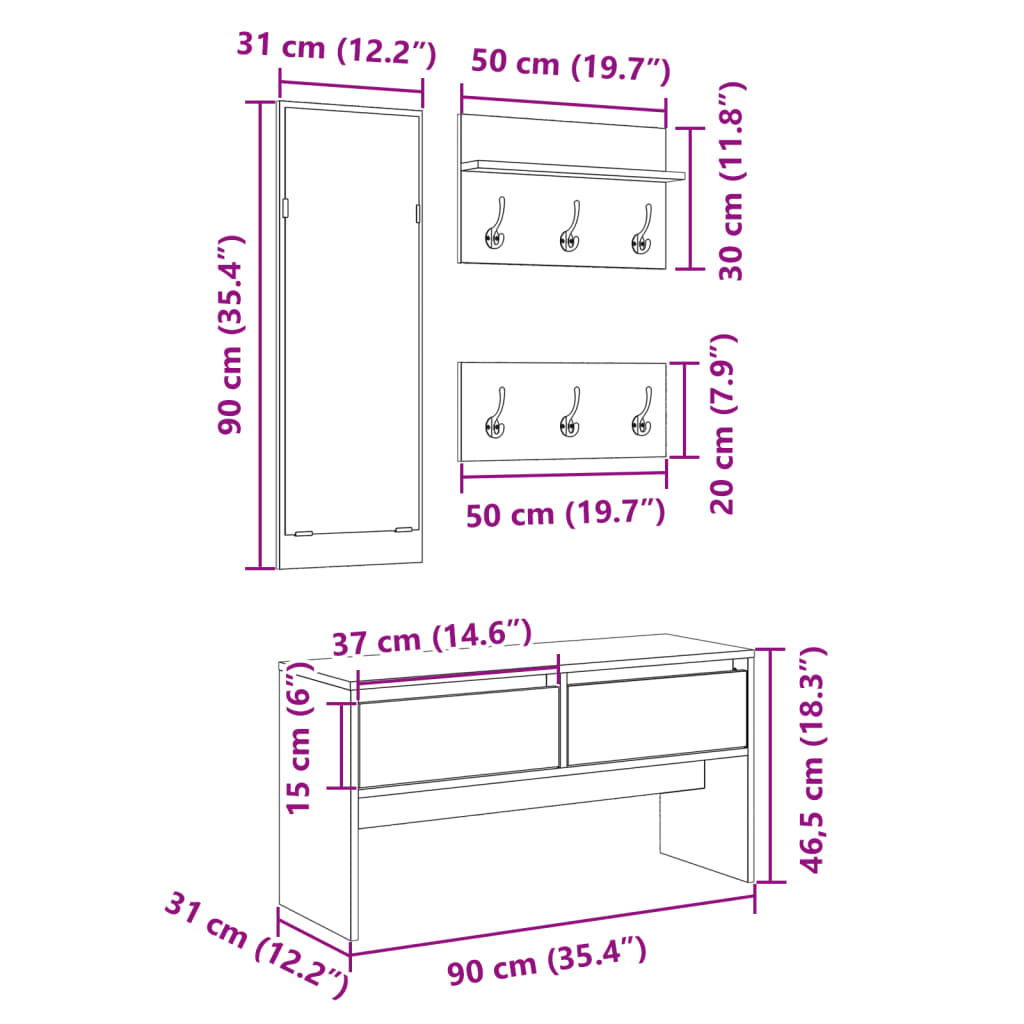 vidaXL Set Mobili da Ingresso 4 pz Bianco in Legno Multistrato