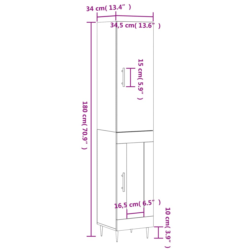 vidaXL Credenza 34,5x34x180 cm in Legno Multistrato Bianco Lucido