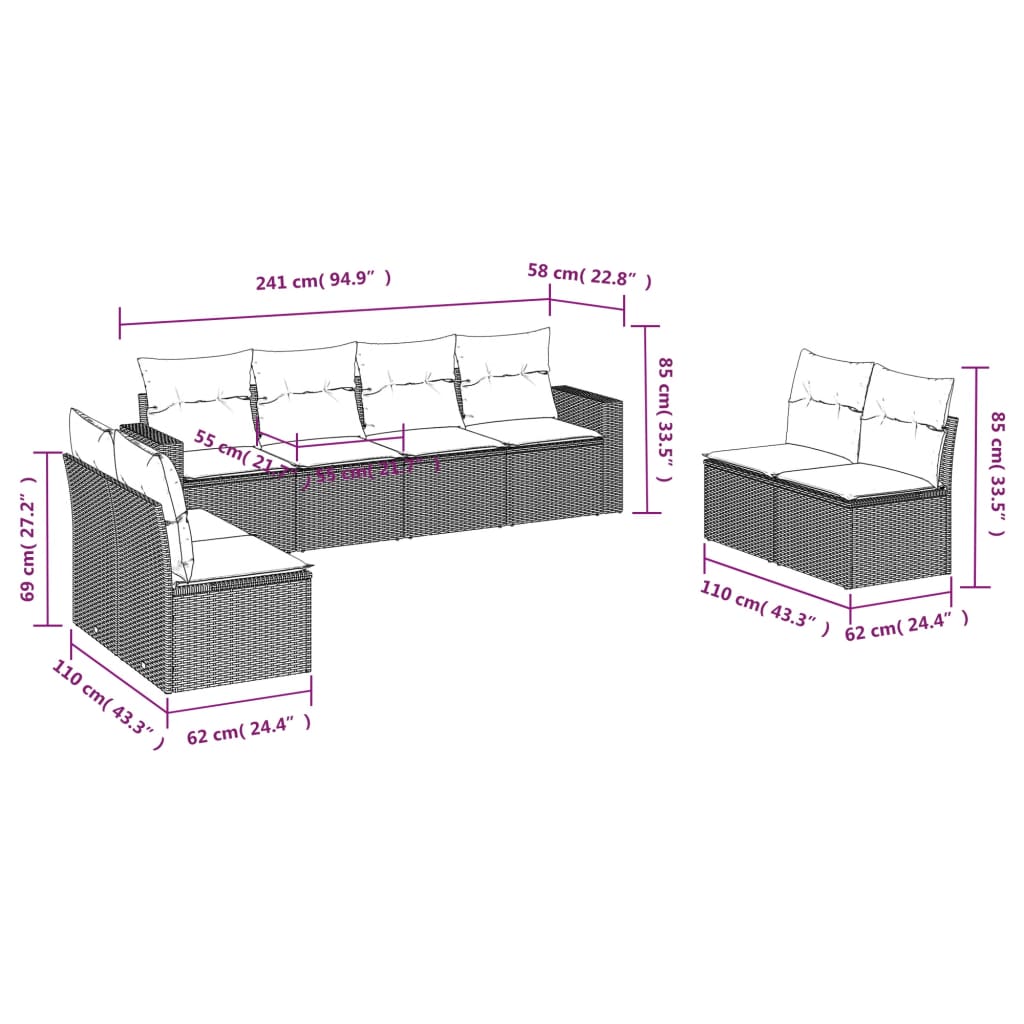 vidaXL Set Divano da Giardino 8 pz con Cuscini Grigio in Polyrattan