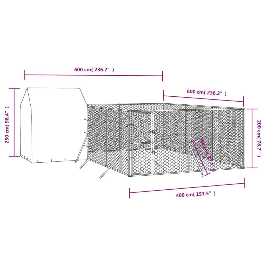 vidaXL Cuccia Cani da Esterno Tetto Argento 6x6x2,5 m Acciaio Zincato