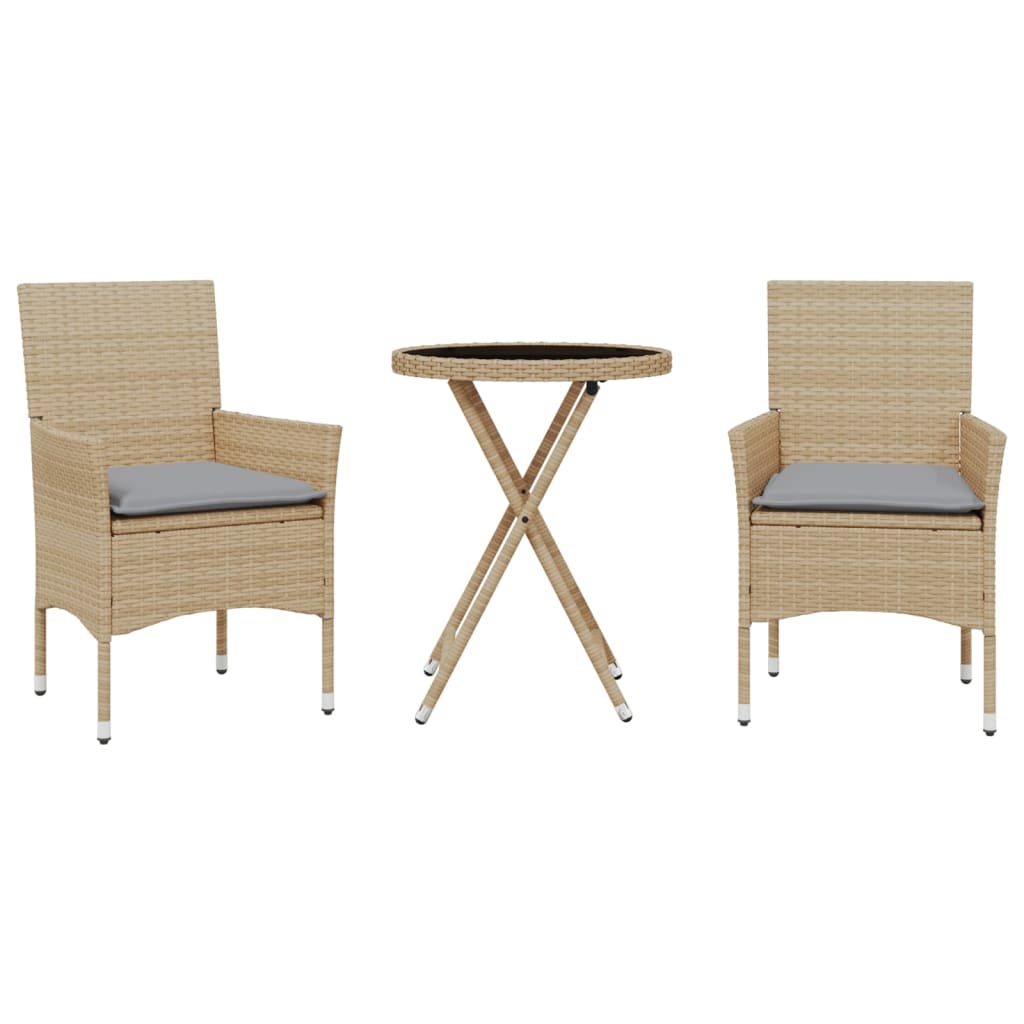 vidaXL Set da Bistrò 3 pz con Cuscini Beige Polyrattan e Vetro