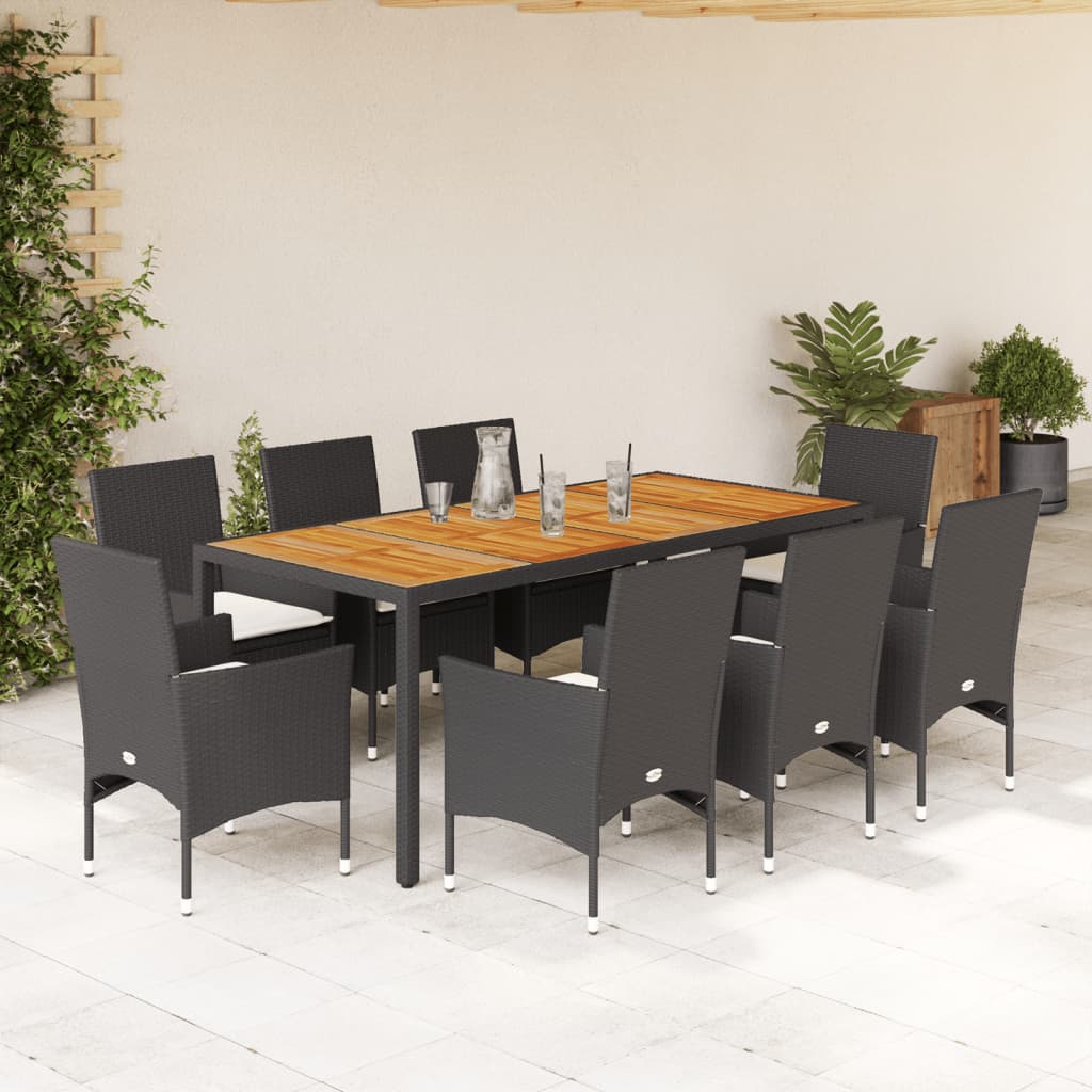 vidaXL Set Pranzo da Giardino 9 pz con Cuscini Nero Polyrattan Acacia