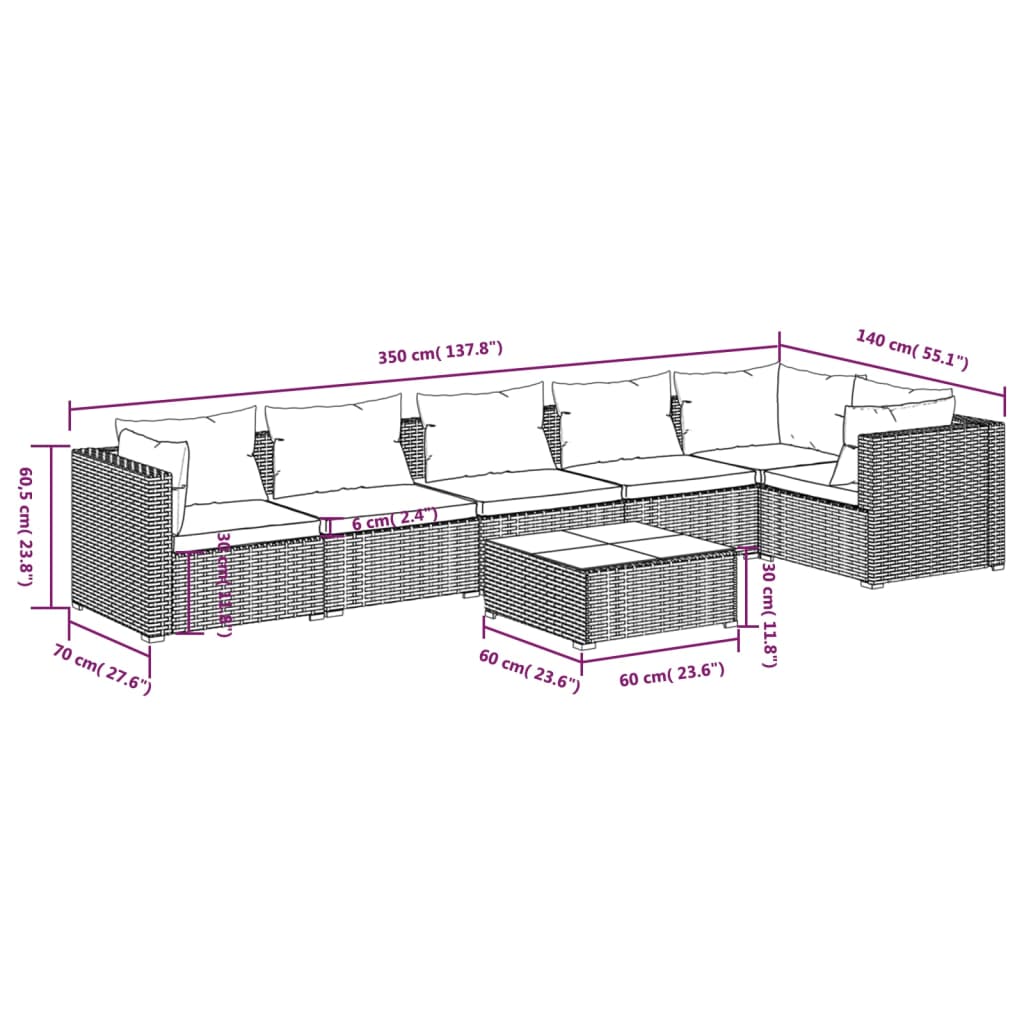 vidaXL Set Divani da Giardino 7 pz con Cuscini in Polyrattan Marrone