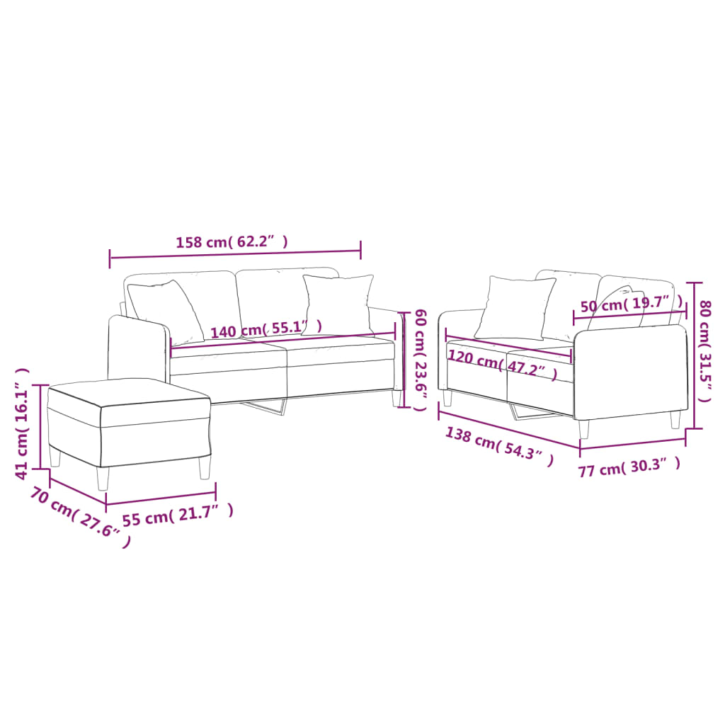 vidaXL Set Divani 3 pz con Cuscini Grigio Chiaro in Tessuto