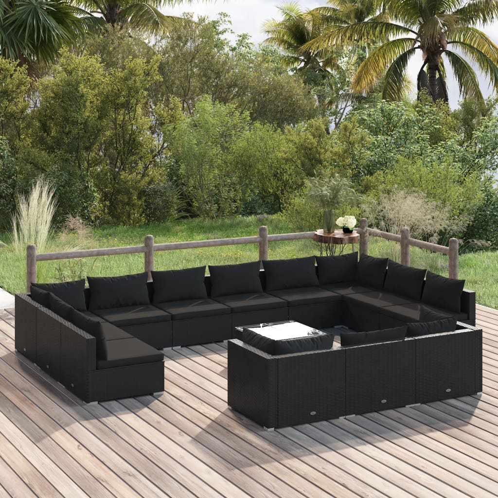 vidaXL Set Divani da Giardino 14 pz con Cuscini in Polyrattan Nero