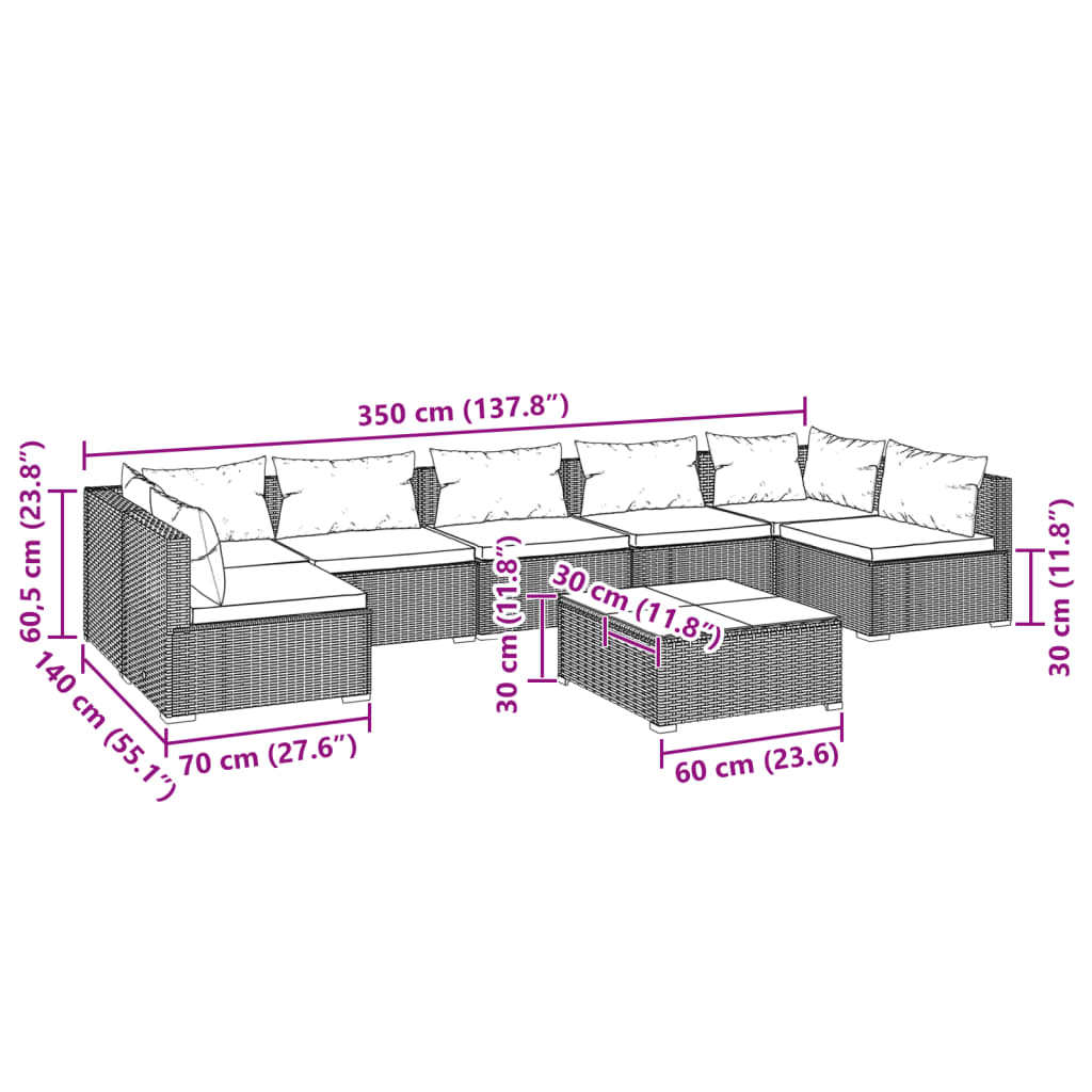 vidaXL Set Divani da Giardino 8 pz con Cuscini in Polyrattan Marrone