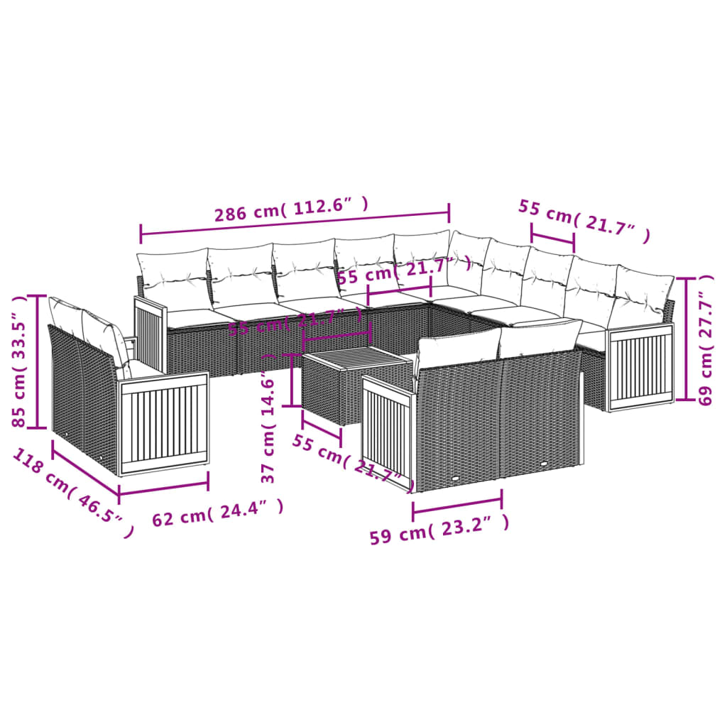 vidaXL Set Divani da Giardino 14pz con Cuscini in Polyrattan Beige