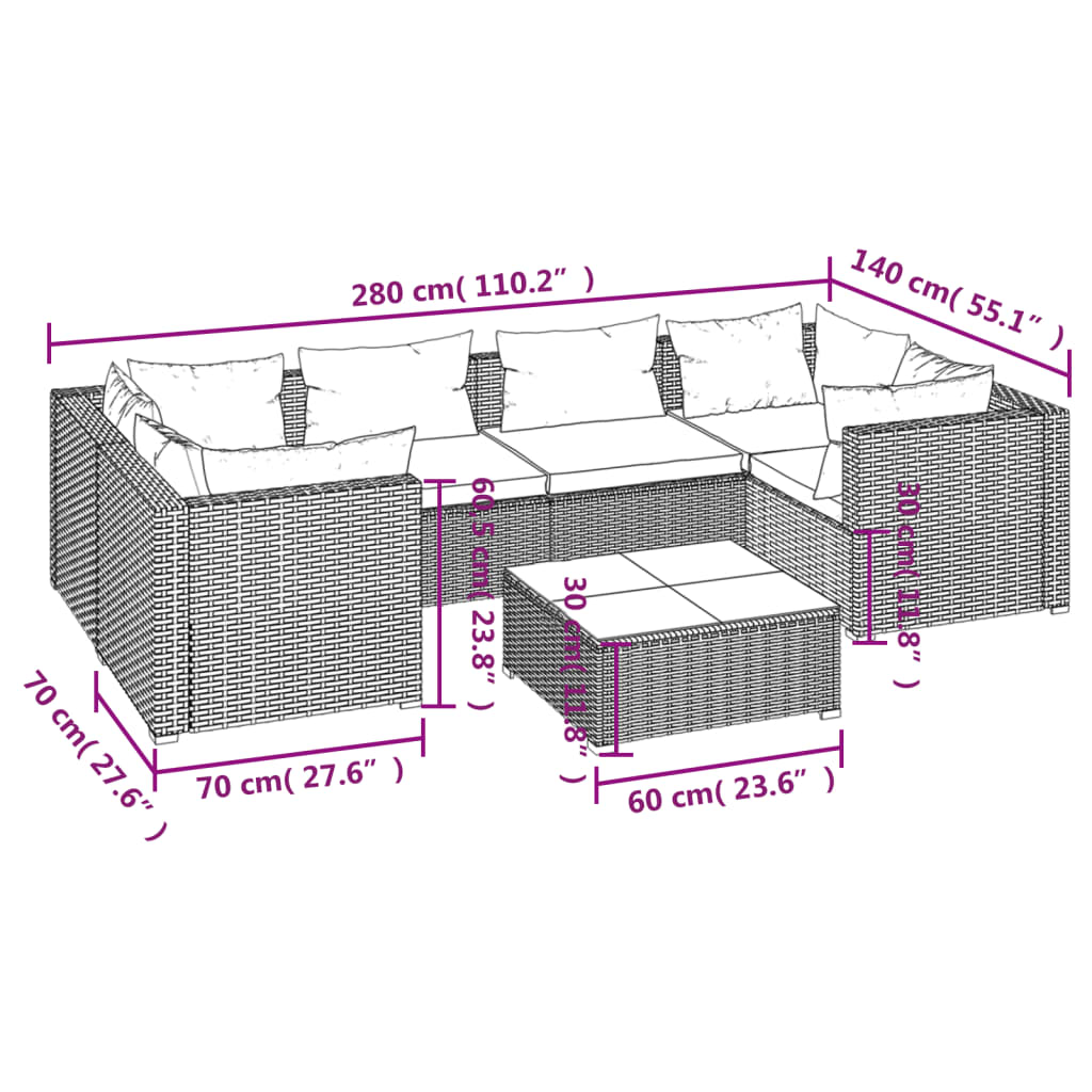 vidaXL Set Divani da Giardino 7 pz con Cuscini in Polyrattan Grigio