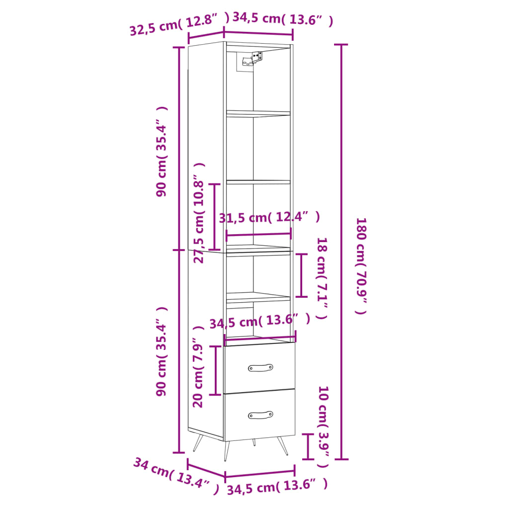 vidaXL Credenza Nera 34,5x34x180 cm in Legno Multistrato