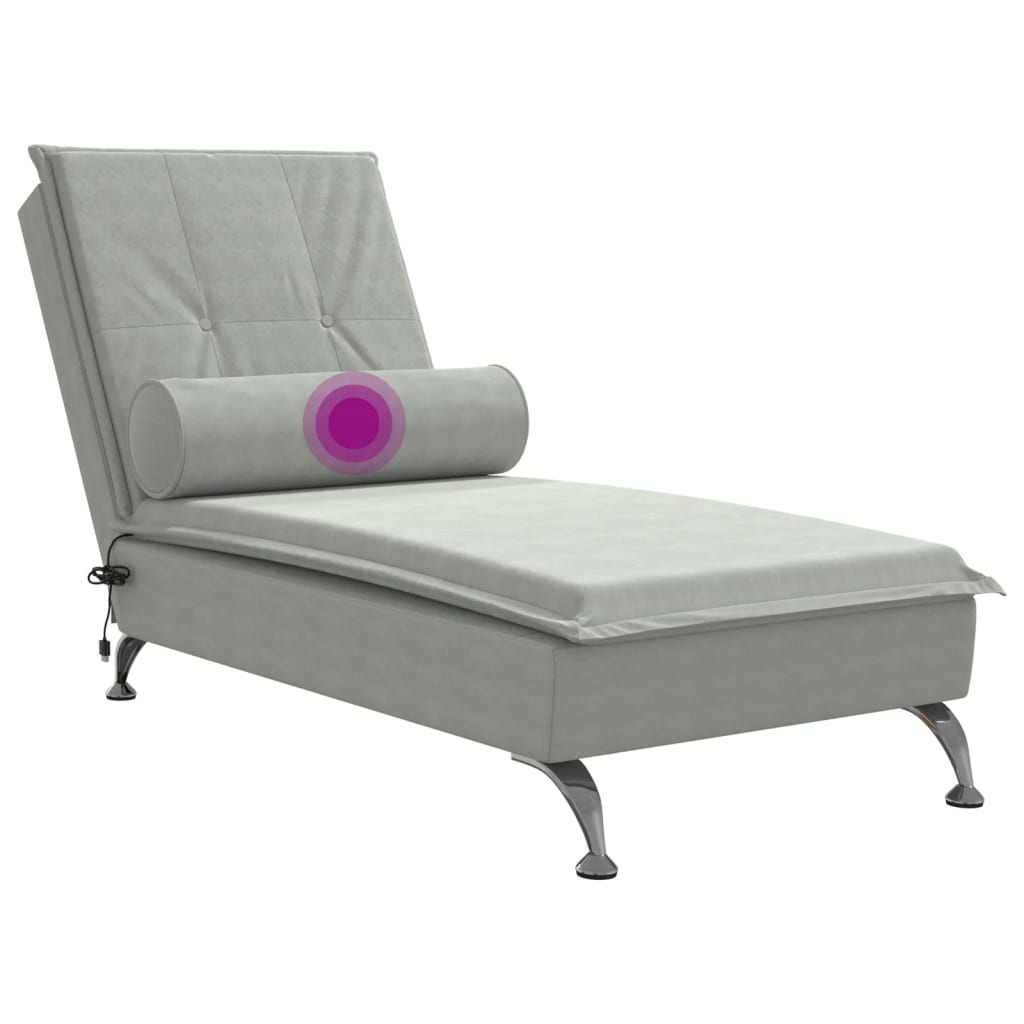 vidaXL Chaise Longue Massaggi Cuscino a Rullo Grigio Chiaro in Velluto