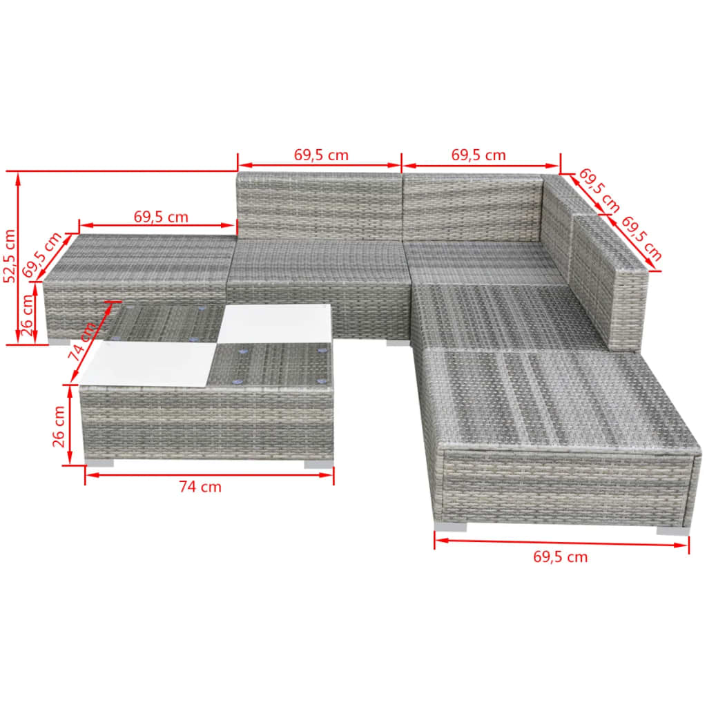 vidaXL Set Divani da Giardino 6 pz con Cuscini in Polyrattan Grigio