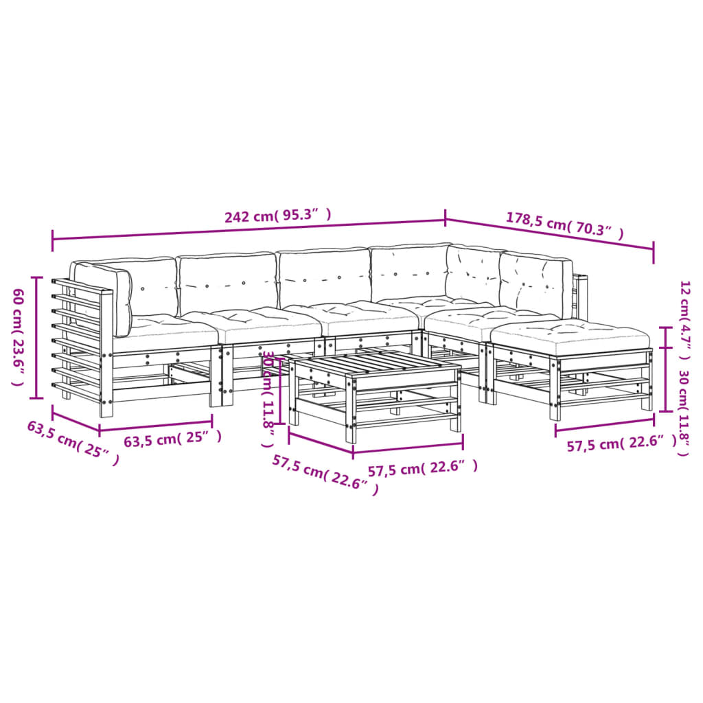 vidaXL Set Divani da Giardino 7 pz con Cuscini in Legno Massello