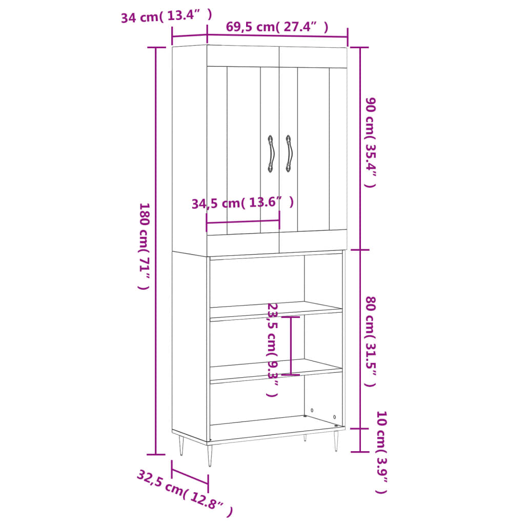 vidaXL Credenza Bianco Lucido 69,5x34x180 cm in Legno Multistrato