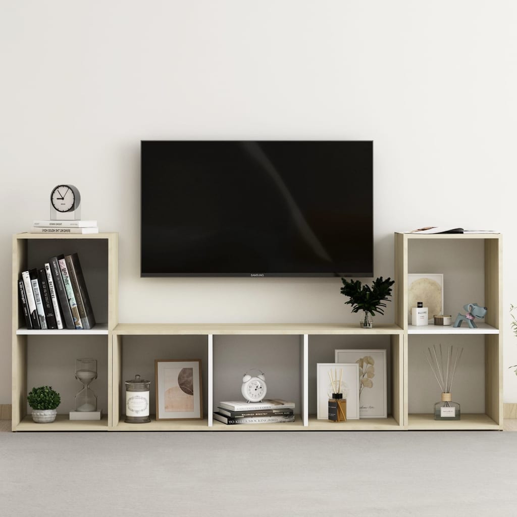 vidaXL Set Mobile TV 3 pz Bianco e Sonoma in Legno Multistrato