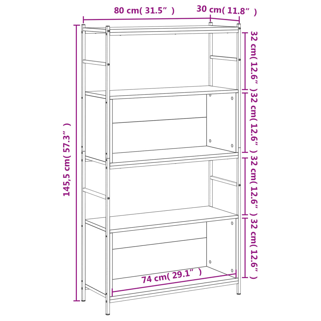 vidaXL Libreria Grigio Sonoma 80x30x145,5 cm Legno Multistrato e Ferro